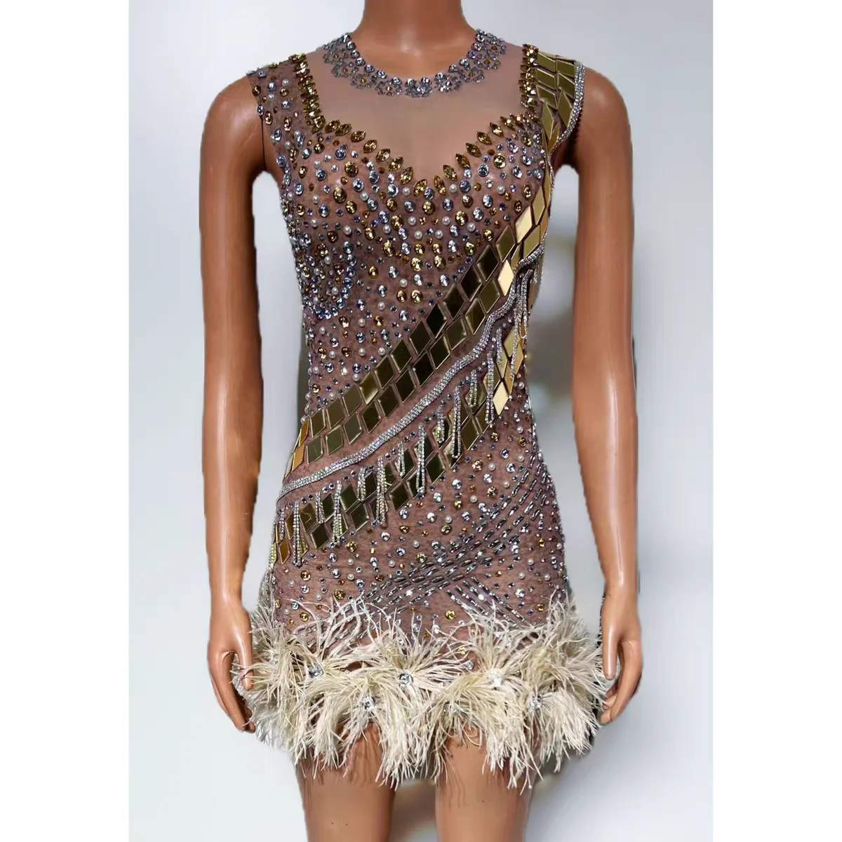 Nachtclub DJ Bar Zangeres Sexy Diamanten Bezaaid Lens Mesh Slim Fit Veren Rok Dans Team Party Thema Show Stadium Kleding