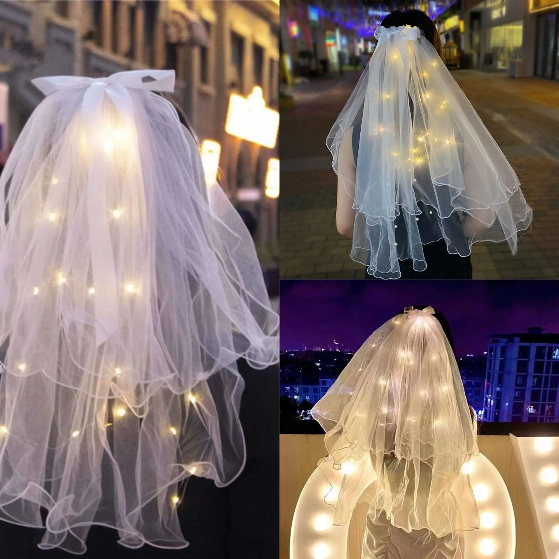 

Light Up Veil White LED 2-Tier Veil with Hairpin Pearl Hair Accessories for Women and Girls Bride Wedding Festival Hair Piece