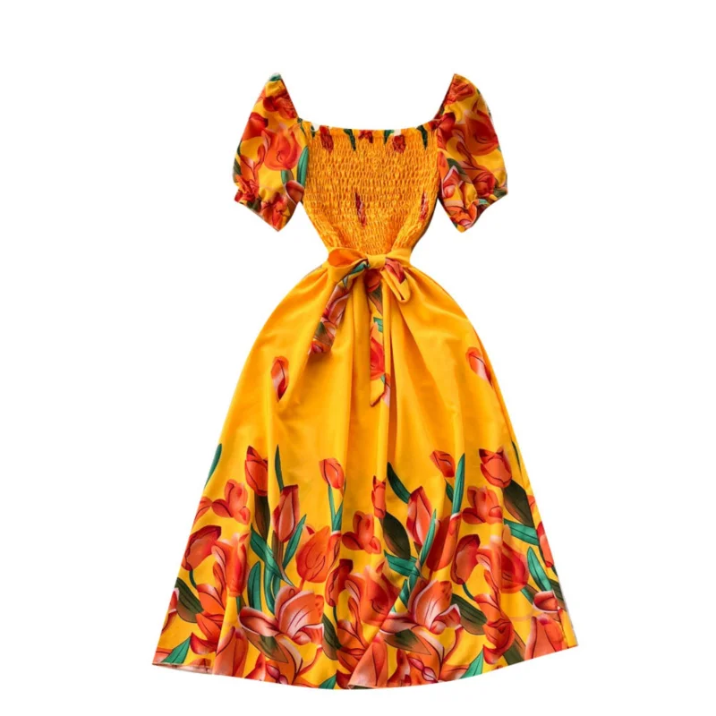 INS femmes été chic mince imprimé floral bandage robe midi décontracté col carré streetwear a-ligne vestido de festa robe de plage