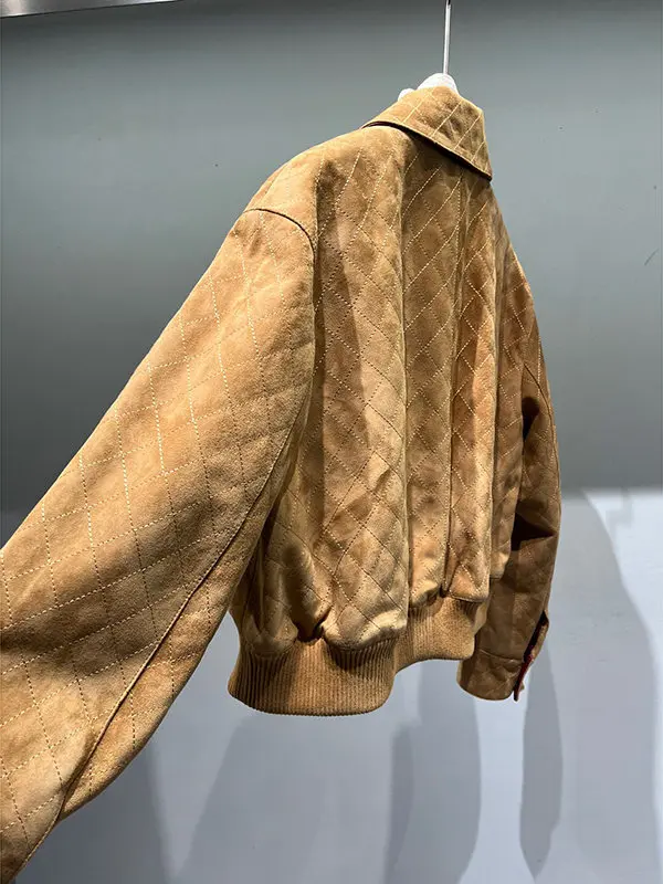Autumn New Leather All-match 2026 Women's Retro Short Sheepskin Leather Jacket Women's Lapel Rhombic Suede Genuine Leather Coat