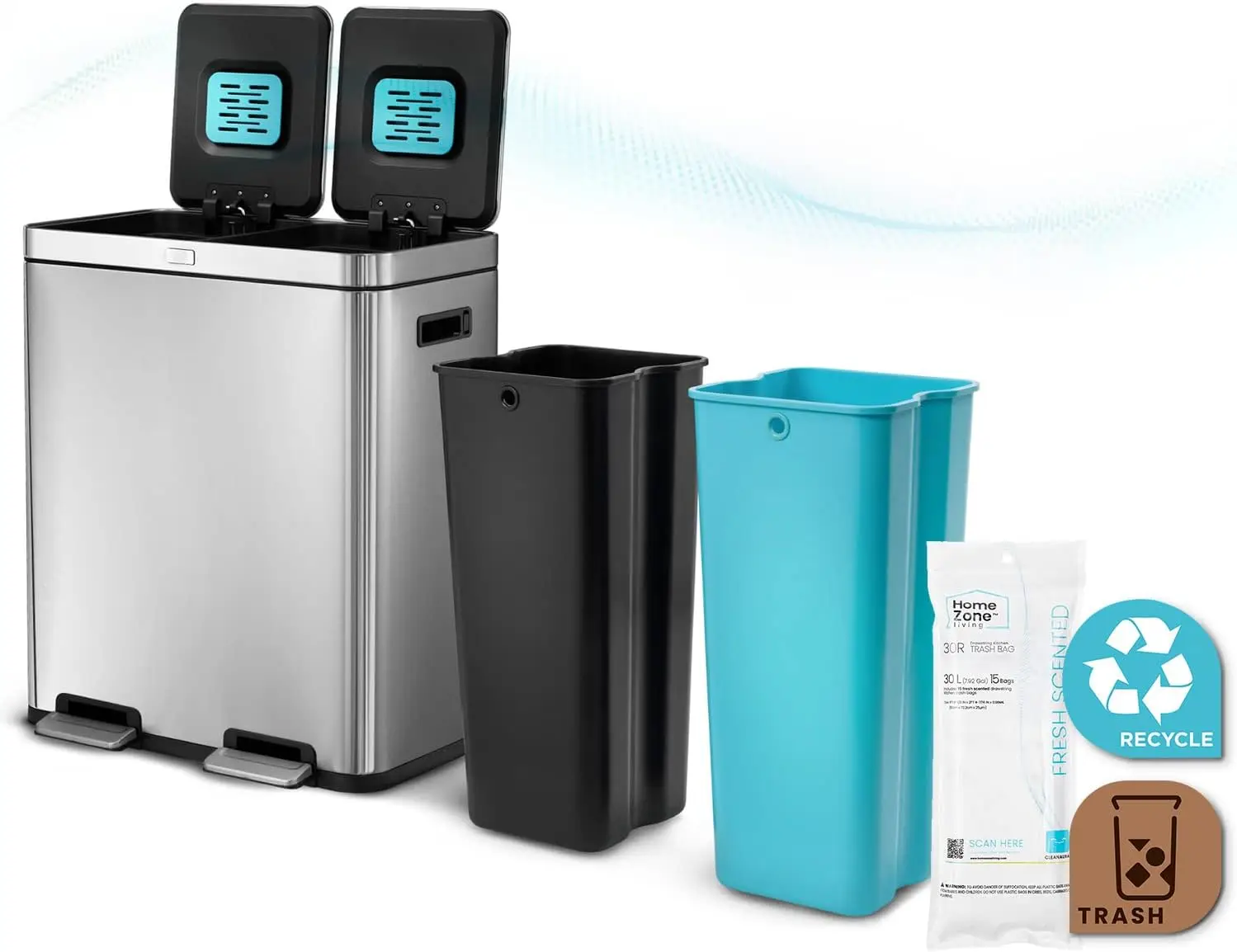 

Мусорное ведро для кухни с двумя отделениями, 60 л (16 галлонов), из нержавеющей стали, с контролем запаха