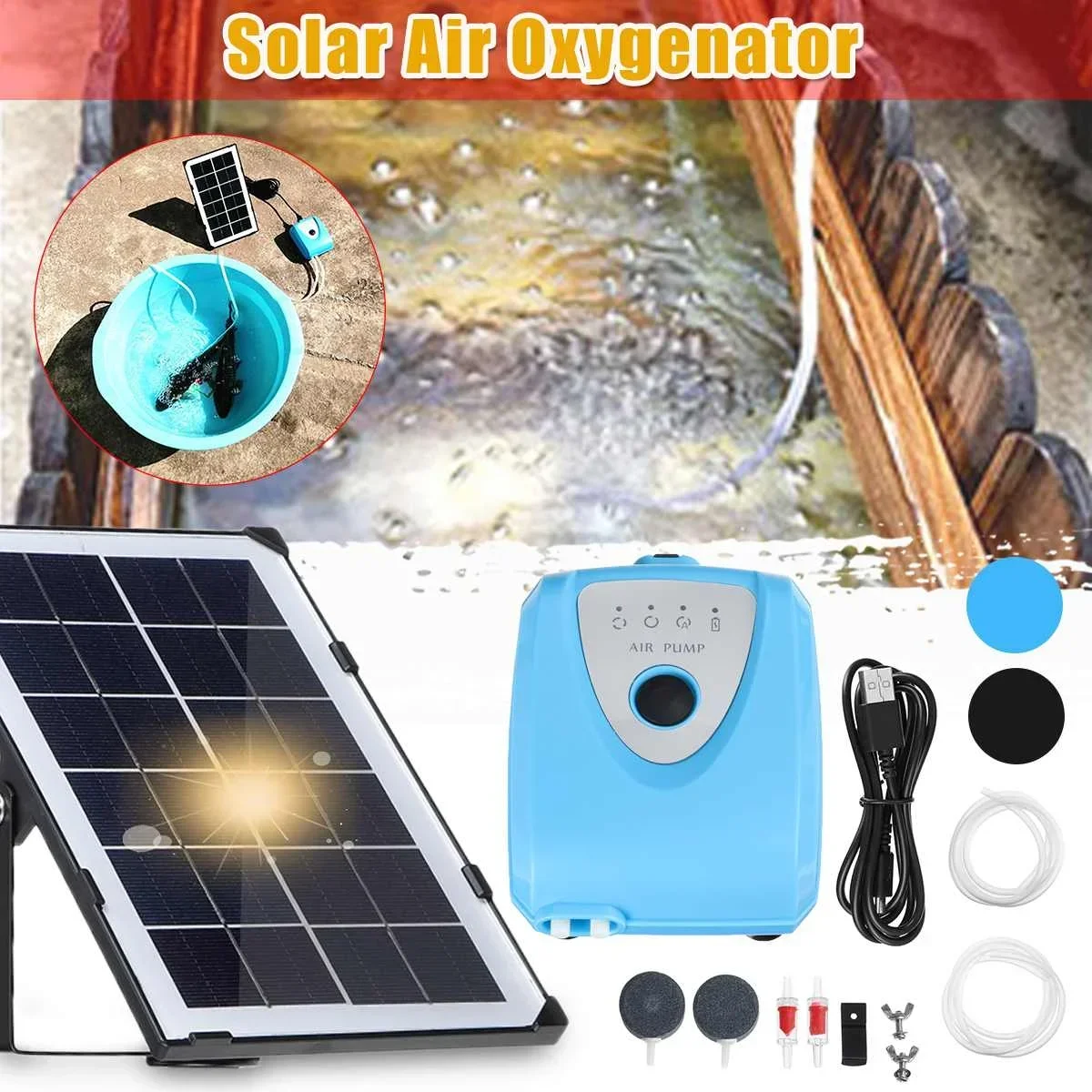 

Solar Powered Fish Air Pump Aerator Pond USB Charging Pond Aerator Aquarium Air Pump Water Pump for Fish Tank Pond Fish Farming