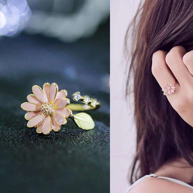 One Piece Fashion Exquisite Flower Chrysanthemum Daisy Plant Opening Leaf Copper Golden Colour Ring Woman Party Gift Daily