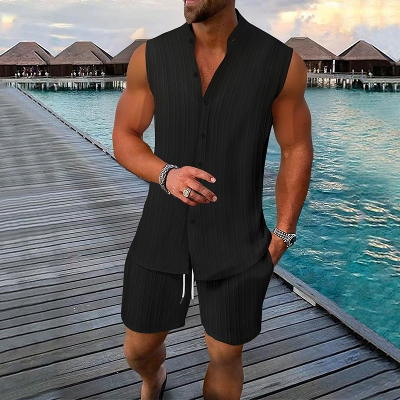 Men's Vest Pajama Set Solid Color Sleeveless V-Neck Top And Shorts Elastic Waistband With Drawstring Soft Cozy Leisure Activity