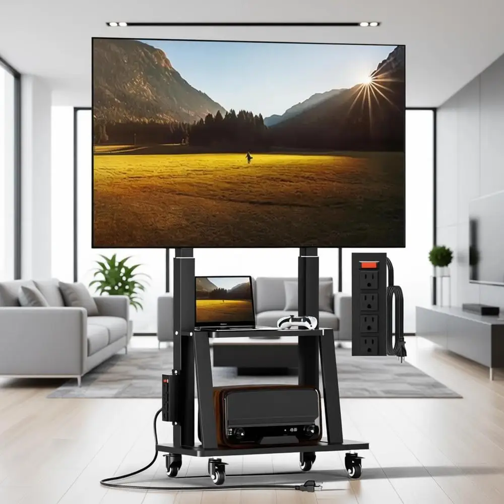 Height-Adjustable Rolling TV Cart for 32-83 Inch TVs, Holds 130LBS, VESA 600x400mm, with Power Outlet