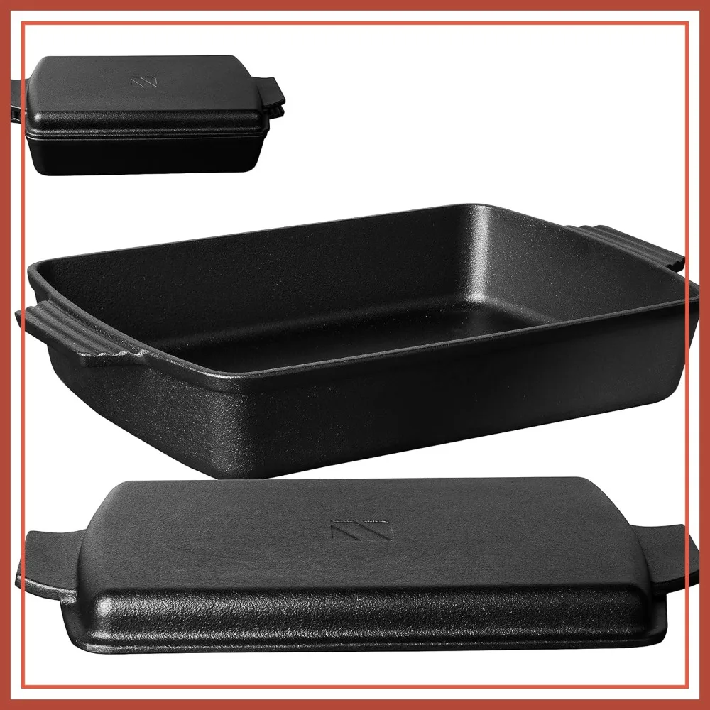 

2-in-1 Pre-Seasoned Cast Iron Dutch Oven with Skillet Lid, 6QT Rectangular Baking Pan & Griddle Pot Set, 9x13