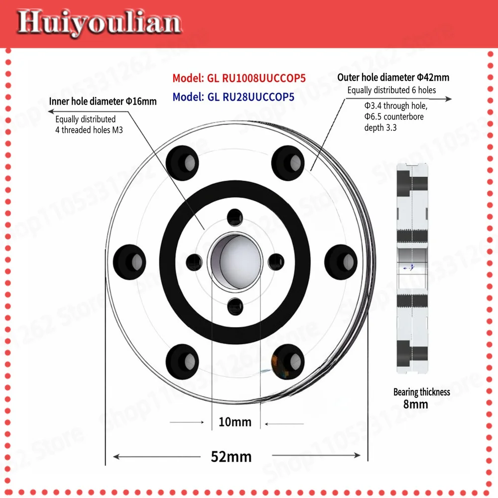 GL RU1008UUCC0P5 Crossed Roller Bearing 10x52x8mm Precision Thin Section Rotary Bearing with Mounting Holes for Robot Joint