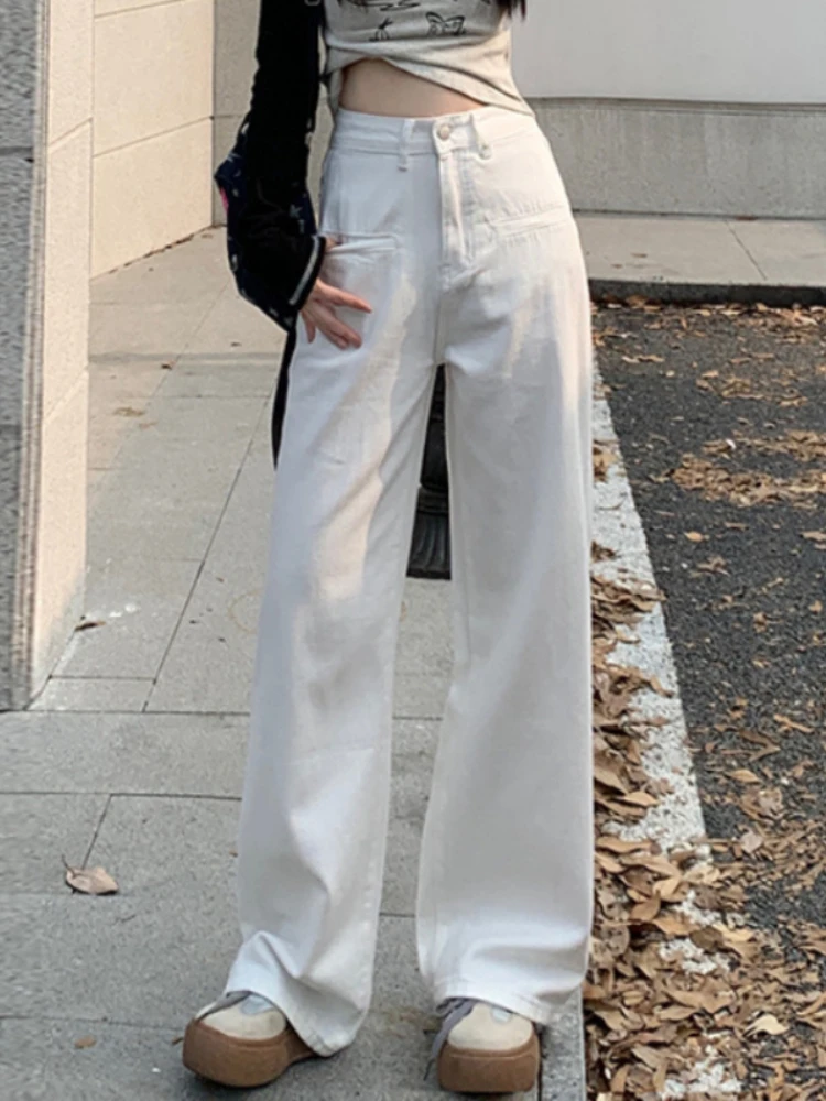 QWEEK White Wide Leg Jeans Women High Waist Office Lady Loose Casual Trousers 90s Vintage Streetwear Baggy Korean Fashion Pants