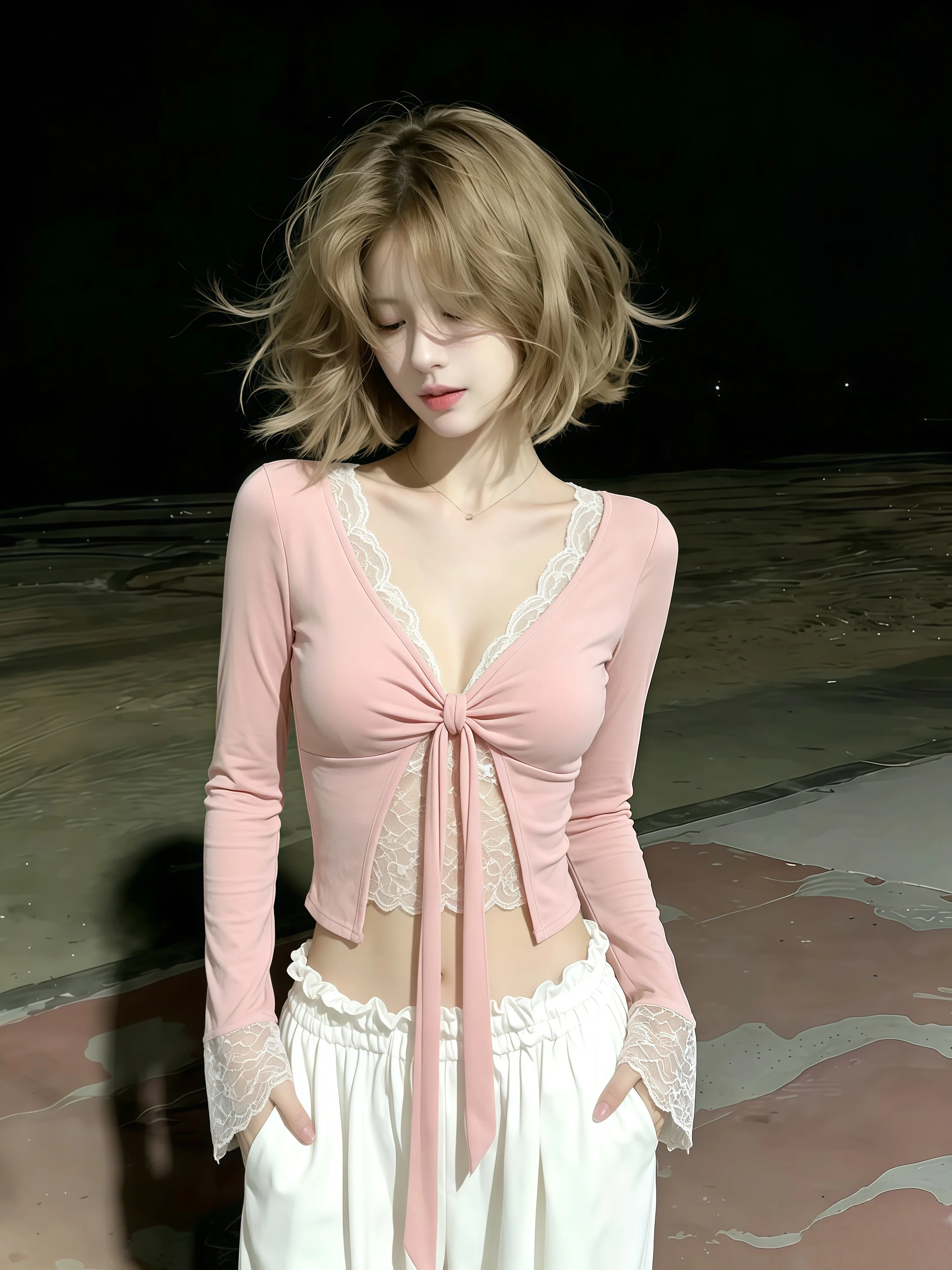 Korean Style Long Sleeve Lace Patchwork V-Neck Slim Fit Women's T-Shirt Early Autumn New Style Binding Design Sensation Top