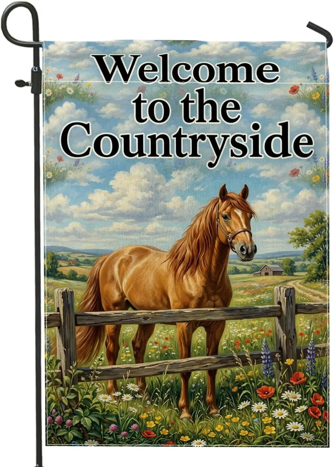 Horse Garden Flag, Countryside Realistic Fence Flowers Spring Brown Double Sided Burlap Yard Decorative Flags