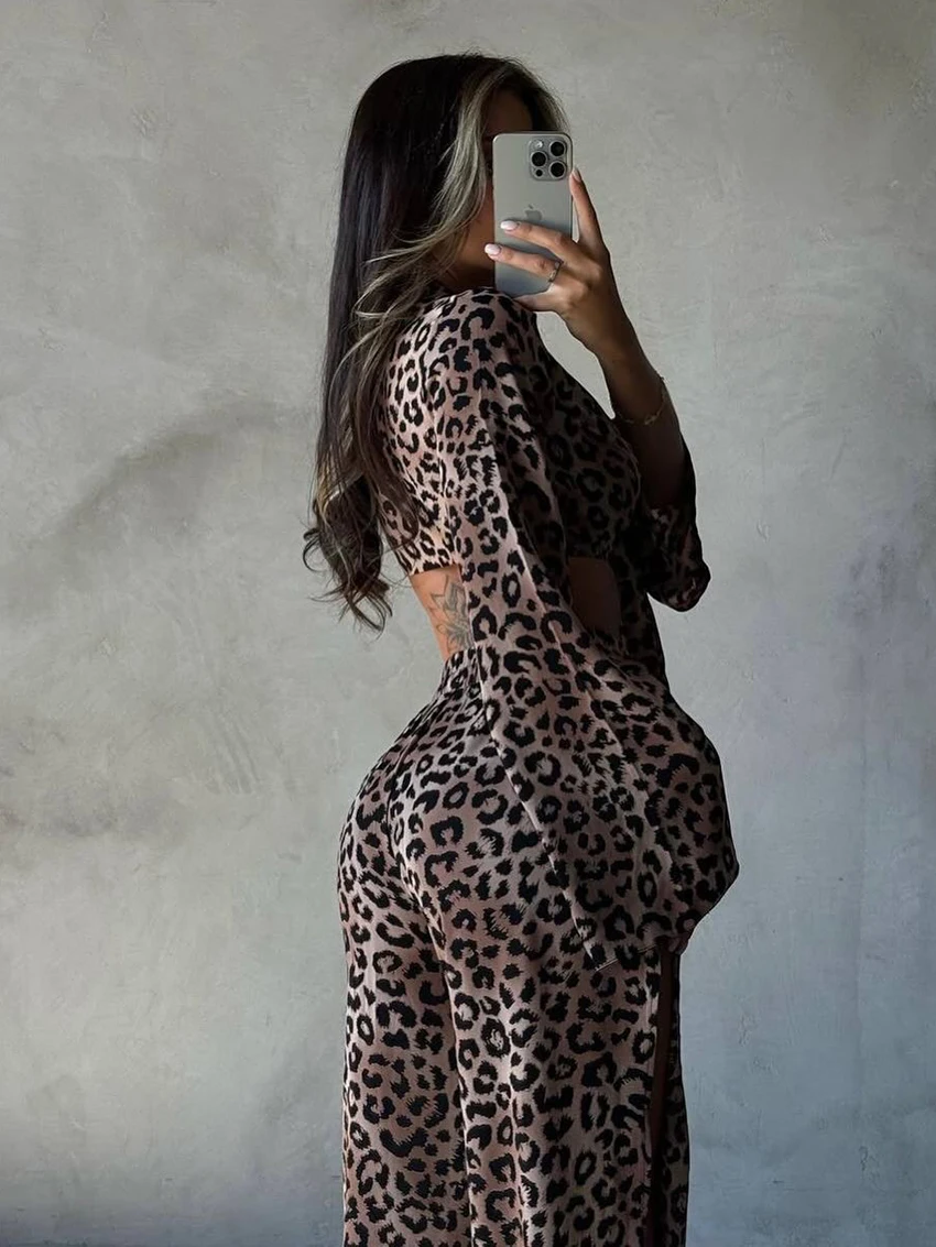 Marthaqiqi Leopard Print Ladies Pajamas Suit V-Neck Nightie Long Sleeve Nightwear Crop Top Sleepwear Pants Fashion Nightgown Set