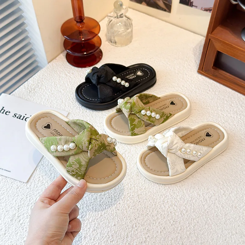 Kids Pearl Flip-Flops Girls Slip-On Thick-Soled Sandals Toddler Flip-Flops with Anti-Slip Sole Outdoor Beach Casual Shoes Child