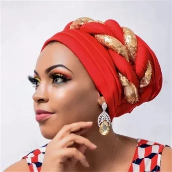 Glitzer Pailletten Geflecht afrikanischen Turban Kappe Headtie vor gebundene Kopftuch Motorhaube nigerian ische Hochzeit Gele Kappen weibliche Kopf wickel