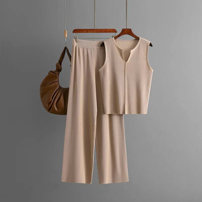 

Новый минималистичный модный вязаный топ без рукавов, повседневные широкие брюки, комплект из двух предметов для женщин