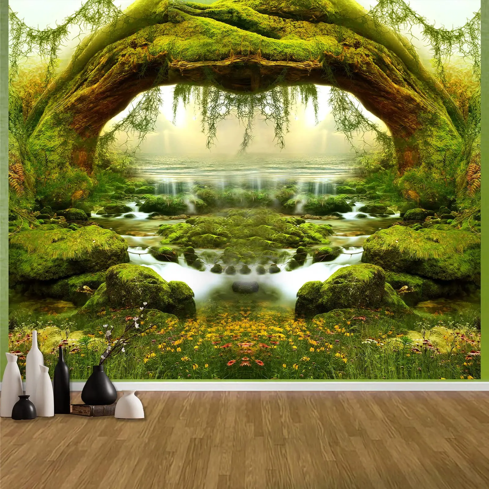 Forest Tapestry Nature Plant Tree Cave Tapestries Green Misty Plant Bridge and River Landscape Jungle Creek Wall Hanging Cloth