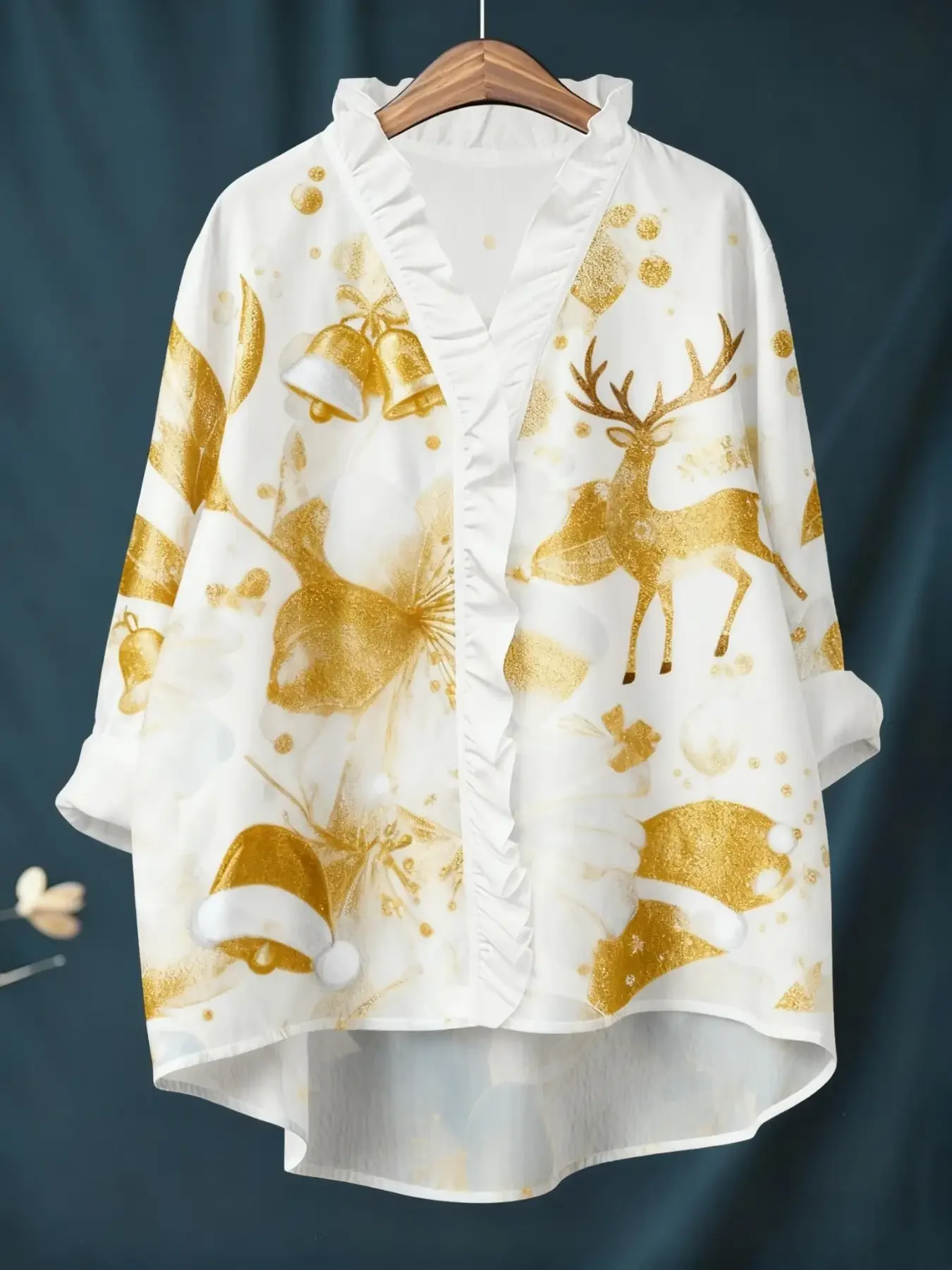 Christmas digital printed women's long sleeved shirt with ruffled collar,Best gift choices for Halloween/Christmas/New Year