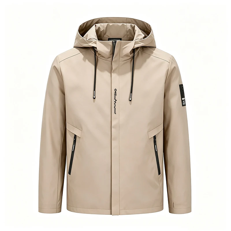 Mens Hooded Outdoor Jacket Adjustable Drawstring Hood Multi Zipper Pockets Male Casual Outerwear