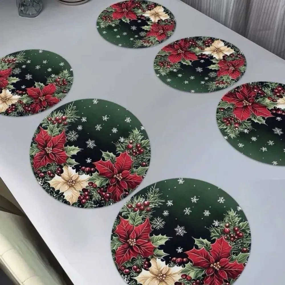 2PCS Non Slip Christmas Placemat Anti-Slip Anti-Scald Christmas Round Placemat Round Circular Waves Christmas Table Mat