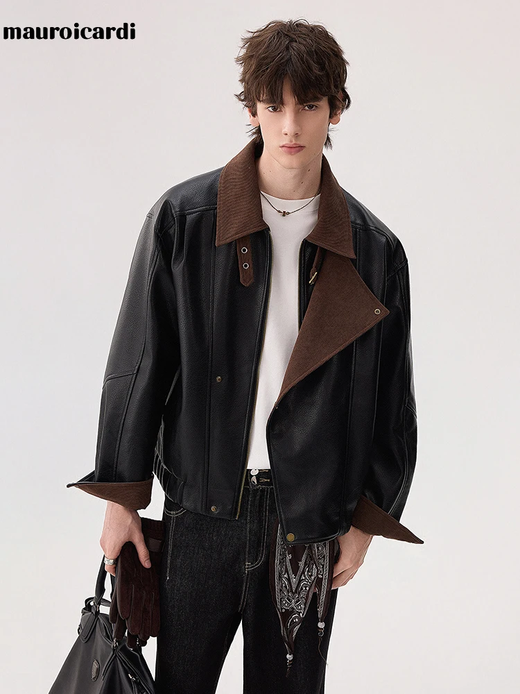 Mauroicardi Spring Autumn Short Corduroy Patchwork Pu Leather Motorcycle Biker Jacket Men Luxury Designer Menswear Clothes 2026 3 Mauroicardi Spring Autumn Short Corduroy Patchwork Pu Leather Motorcycle Biker Jacket Men Luxury Designer Menswear Clothes 2026 3