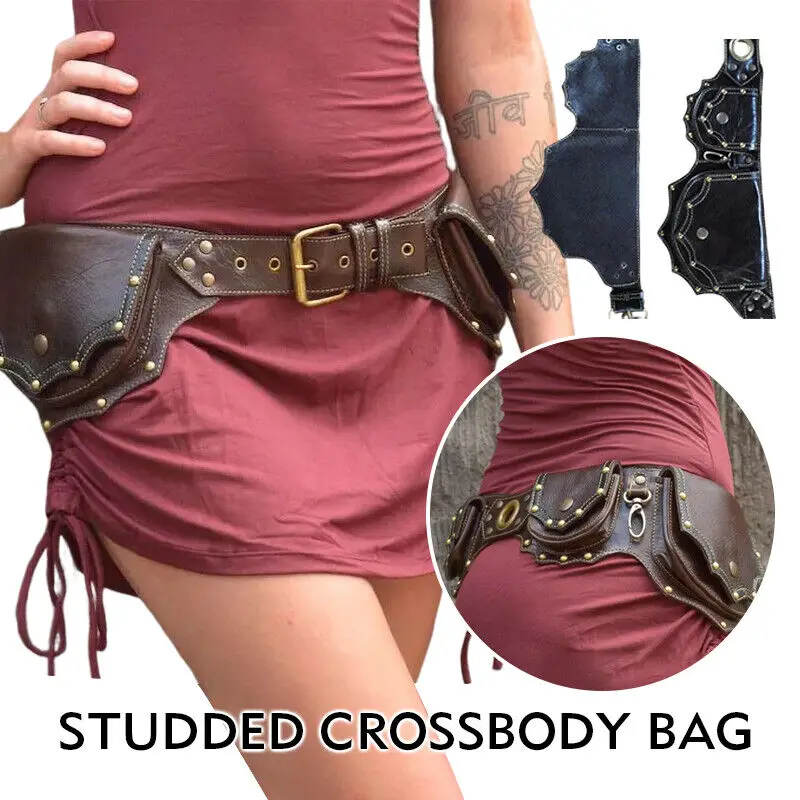 Mulheres Medieval Steampunk Falso Cinto De Couro, Hip Vintage Bag, Saco Da Cintura Do Bolso, Carteira Cosplay, Cavaleiro Cravejado, Marrom, Preto