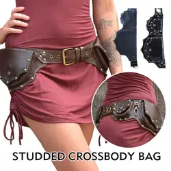 Women Medieval Steampunk Faux Leather Belt Vintage Hip Bag Pocket Waist Bag Cosplay Wallet Knight Studded Brown Black