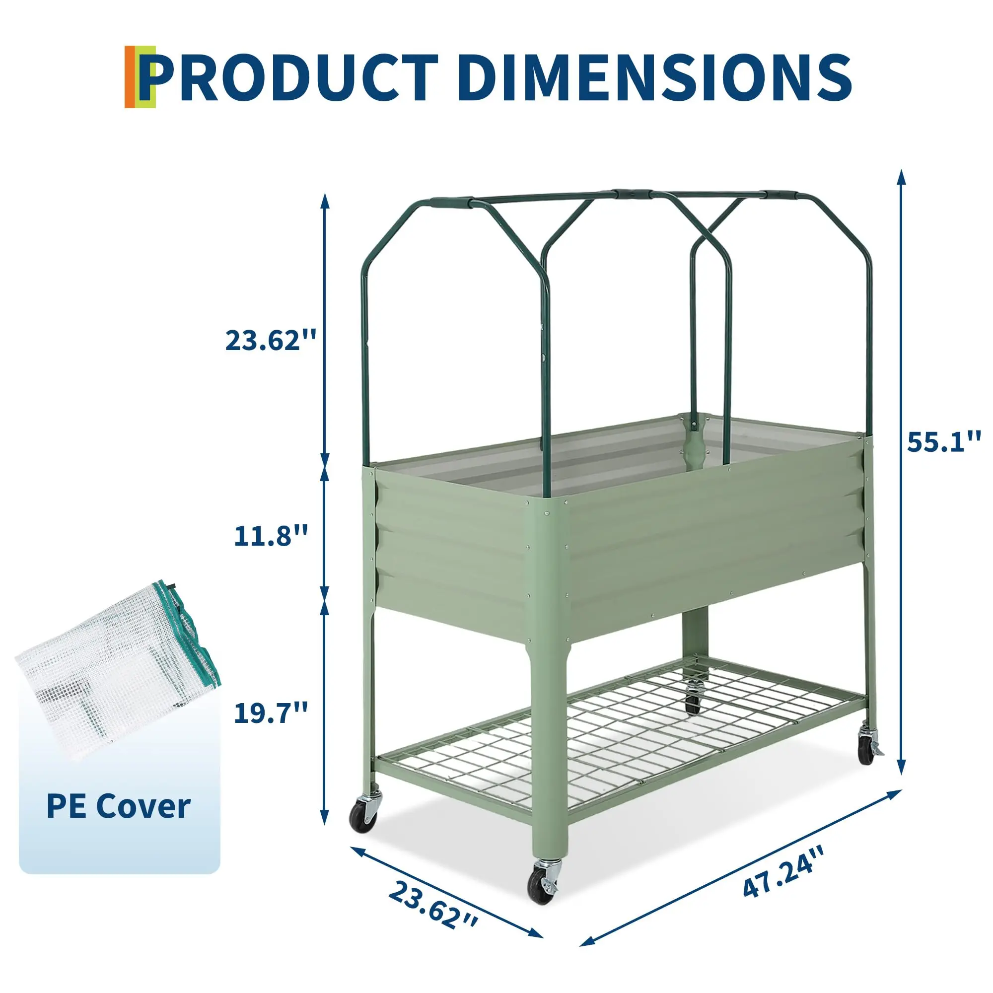 Galvanized Steel Raised Flower Bed, Mobile Raised Garden Bed with Greenhouse Cover, Metal Planter Box on Wheels