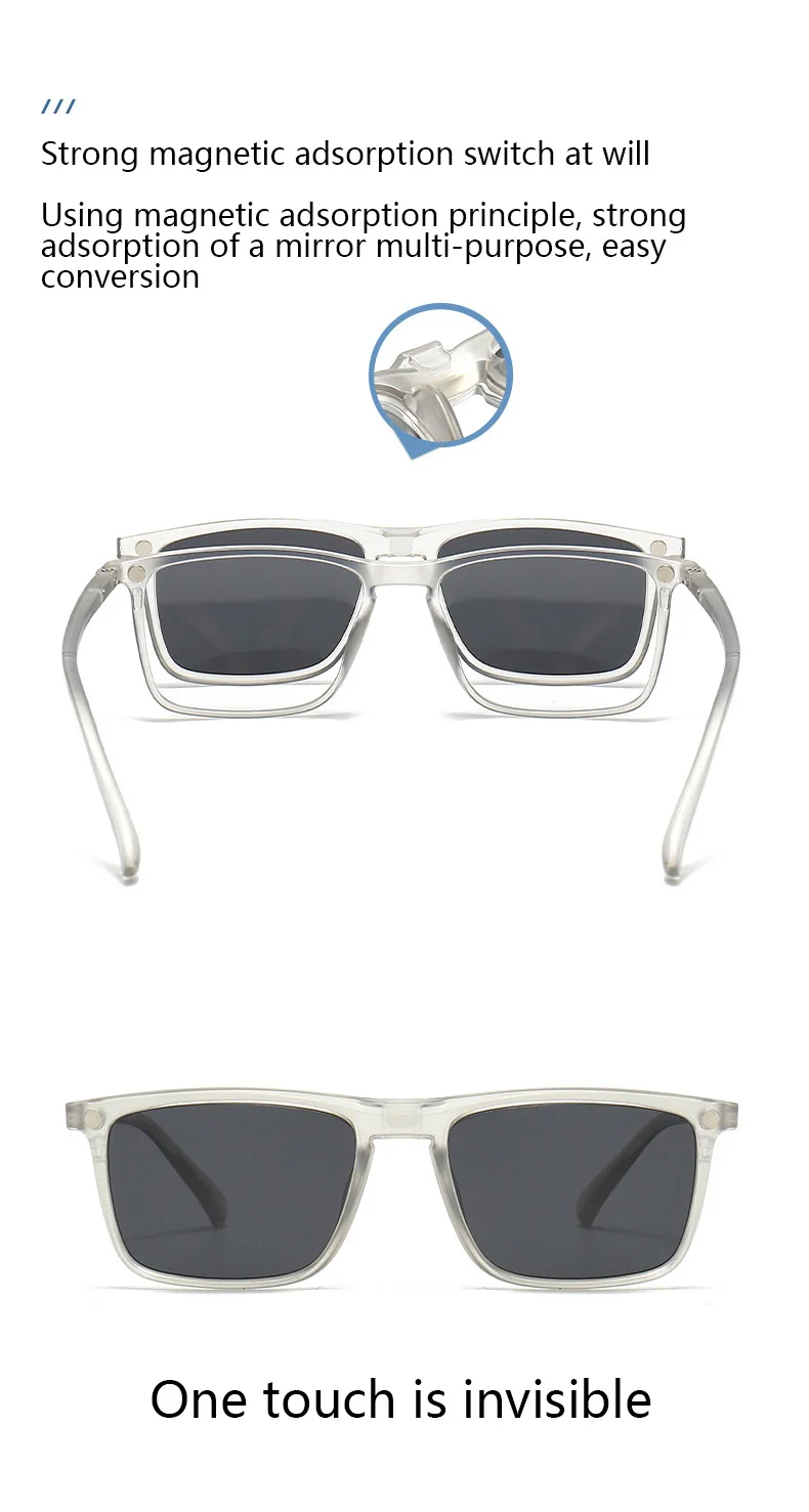 Transparente Damen-Sonnenbrille mit quadratischem Rahmen, 6-in-1-Brille mit magnetischem Clip, polarisierte Nachtsichtbrille für Herren – Detail 3