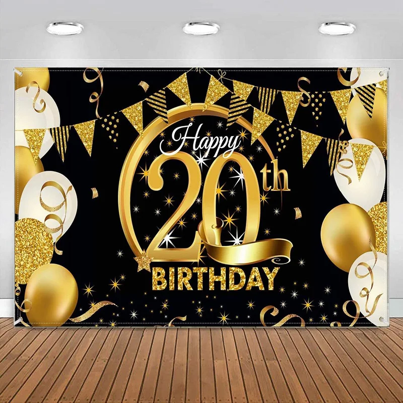 Happy 20th Birthday Party Decoration Black Gold Poster for Anniversary Photography Backdrop Banner Birthday Party Background