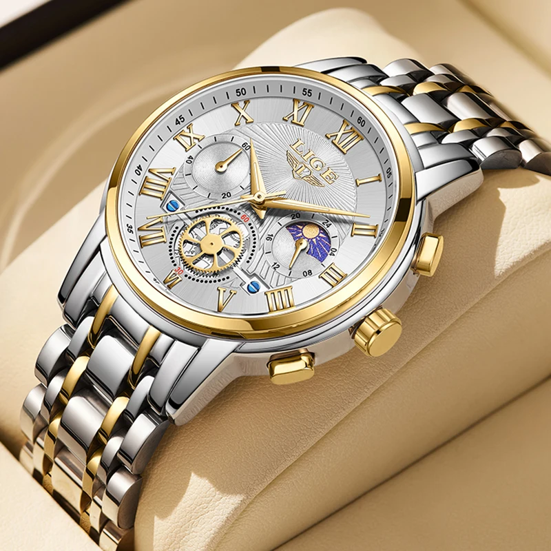 LIGE New Waterproof Women's Quartz Wristwatches Fashion Outdoor Sports Bracelet Watch Women Luxury Moon Phase Date Chronograph
