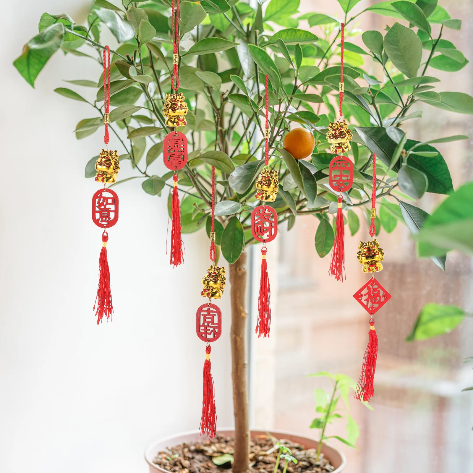 

6pcs Chinese Zodiac Dragon Hanging Ornament Spring Festival Decorative Pendant New Year Tree Window Door Decor Tassel Dragon