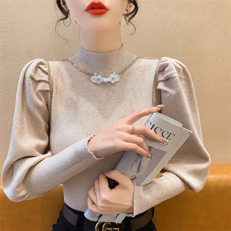 

Temperament Plate Button Nail Diamond Solid Base Sweater Women Winter Retro Half Turtleneck Lantern Sleeve Knitted Top XQ137