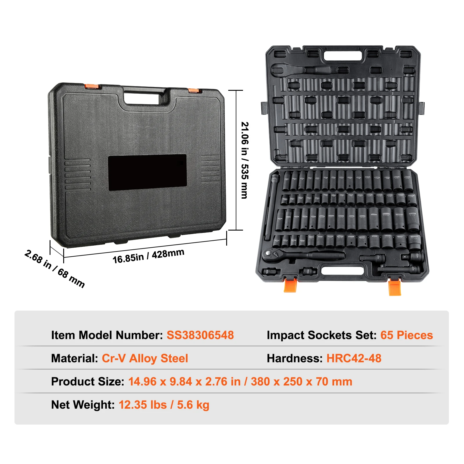 ドライブインパクトソケットセット、65ピースソケットセットSAEメトリック10-24mm、自動車修理用6点Cr-V合金鋼、頑丈な構造