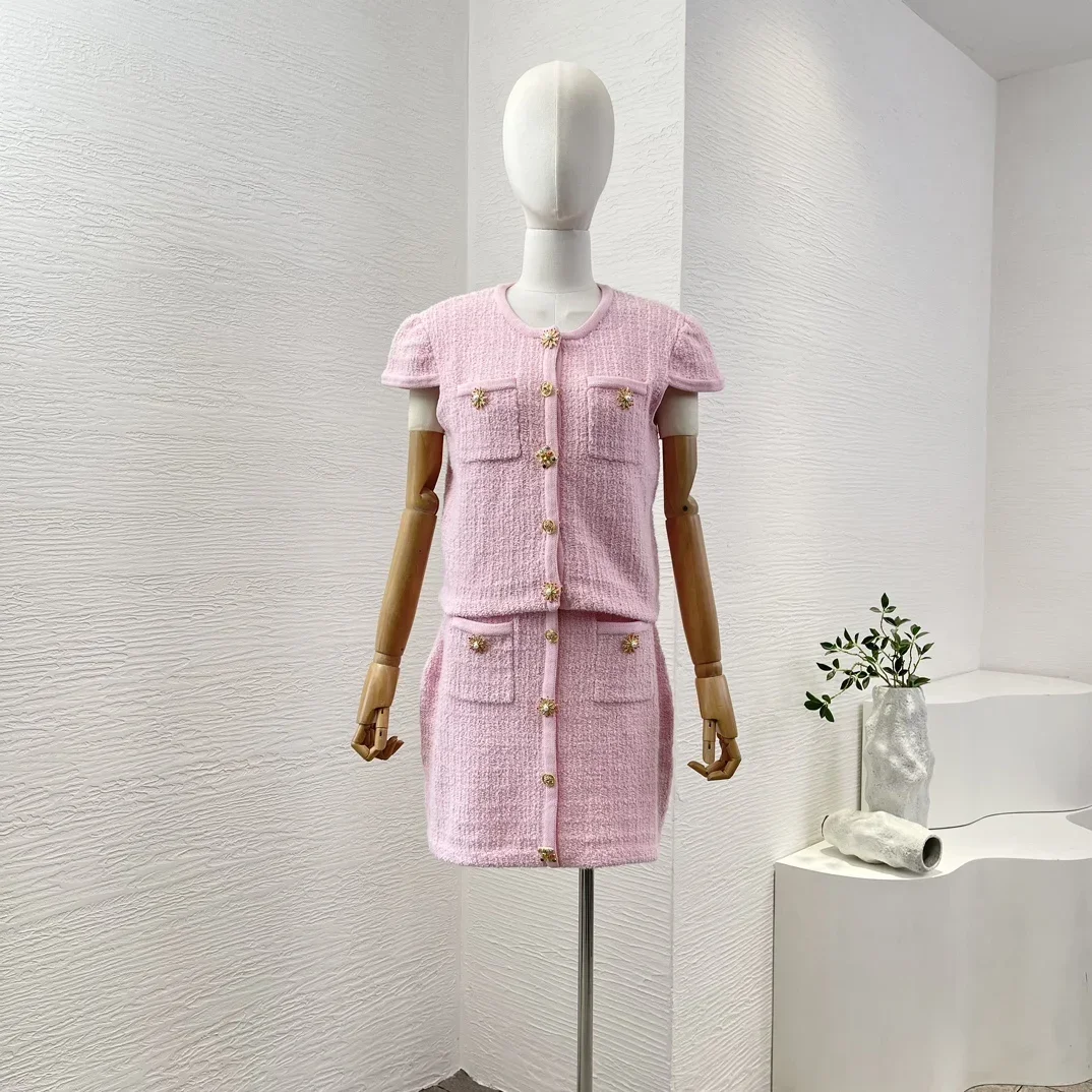 

2024 Summer New Women's Pink Short Sleeve Knit Blouse Tops and Skirt Set Front Buttons ClosureHigh Quality