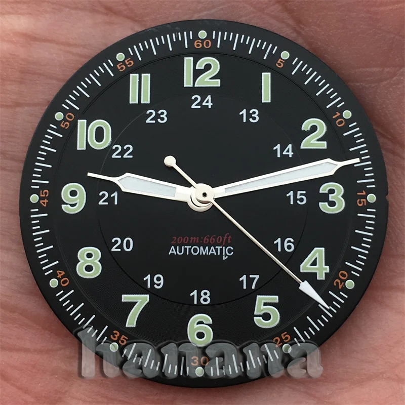 Sterile 29mm Pilot Black Watch Dial Suitable for NH36 NH35 ETA2824 PT5000 Automatic Movement Arabic Numeral C3 Green Luminescent