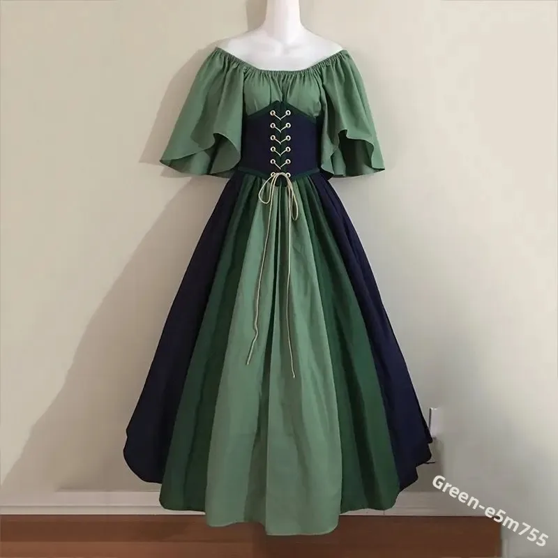 القرون الوسطى الرجعية كتلة اللون يطير كم مربوط الخصر فستان ماكسي فستان بكتف واحد فستان المرأة العادية كم طول الكاحل طول