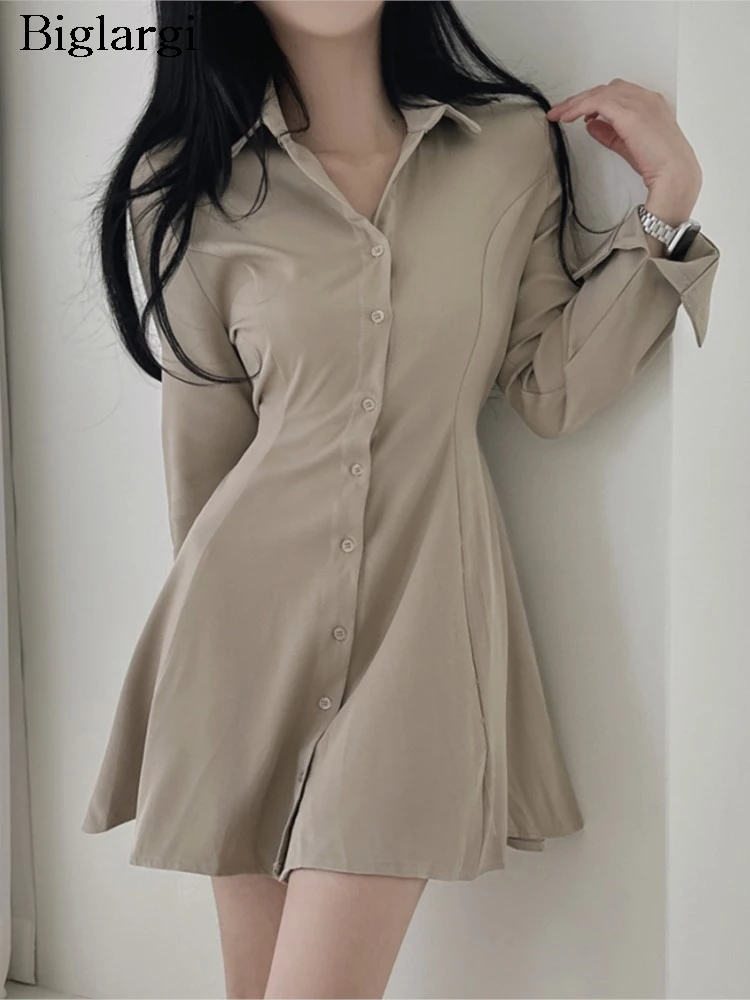 Spring Mini Shirts Dress Women Slim Fashion Long Sleeve Korean Style Ladies Dresses Ruffle Pleated Casual Woman Shirts Dress