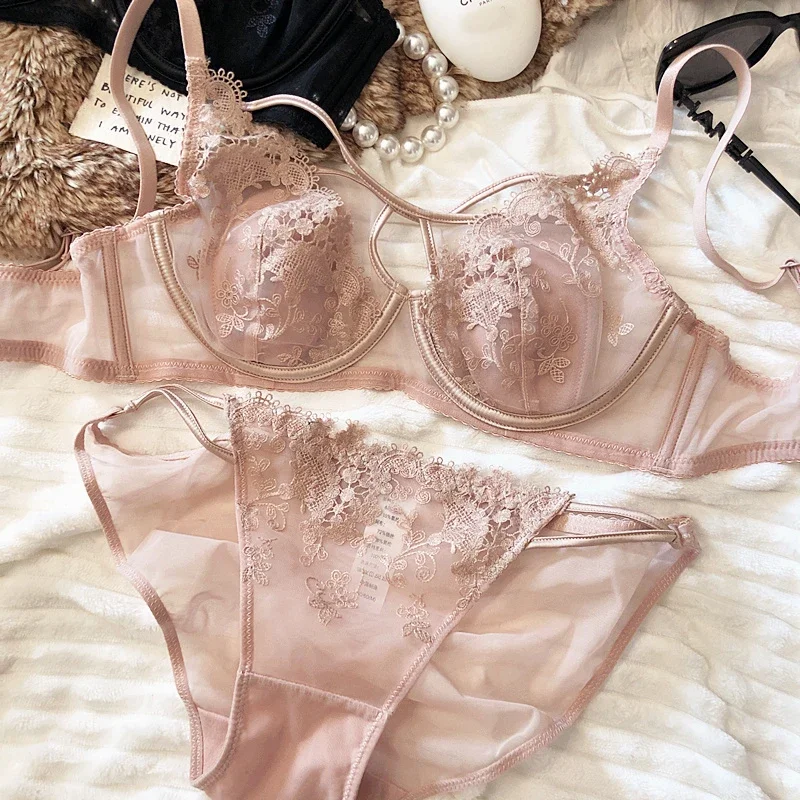 

2 Pieces Lace Floral Embroidery Underwear Set for Women Sexy Hollow Push Up Bra Set Comfort Thin Cup Brassiere Intimate Lingerie