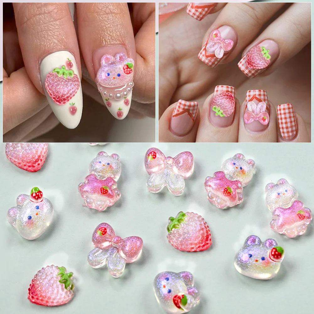 50pcs/bag Ins White Rabbit Nail Parts Strawberry Blush Bunny Shinny Mixed Nail Art Charms Girl Lovely Bowknot 3D Nail Decoration