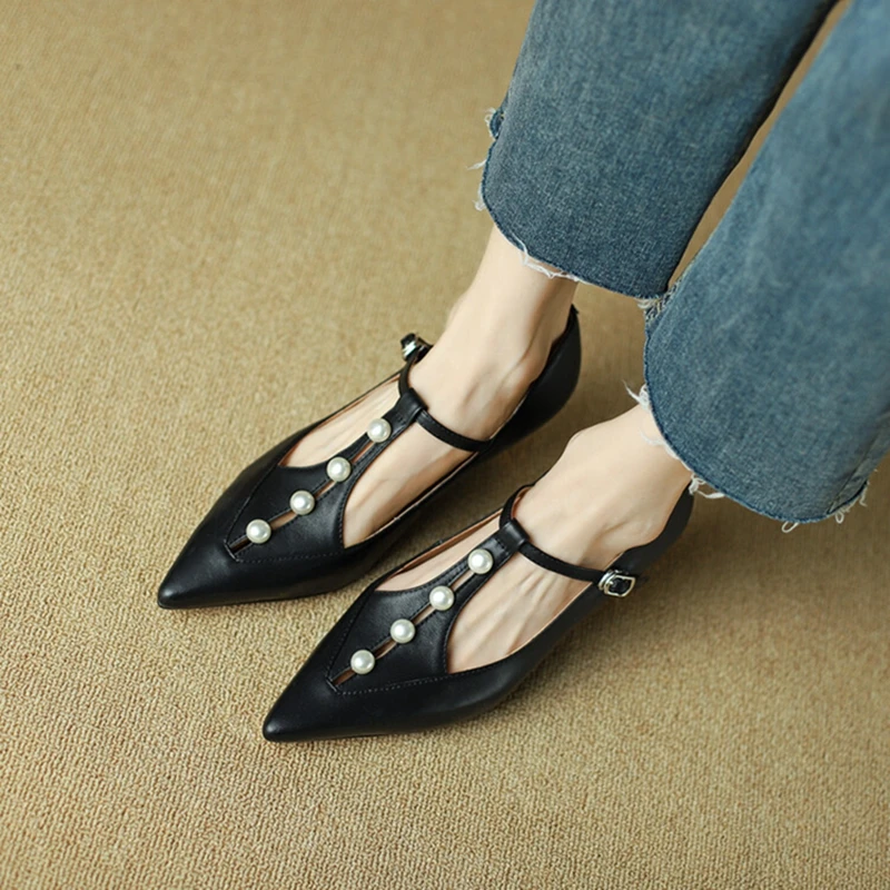 NEW Spring/Autumn Women Pumps Split Leather Shoes for Women Pointed Toe Wedges Shoes Pearl High Heel Women Pumps Buckle Shoes