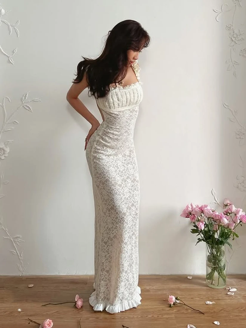 

Elegant Romantic Sisjuly Lace Trim Belted Slim Fit Strapless Dress Women's Fashion Spring Season Breathable Skin-Friendly