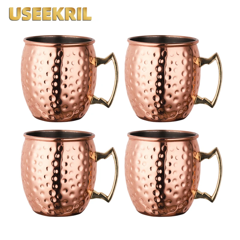 4 Pcs Moscow Mule 18 Ounces 550ml Hammered Copper Plated Copper Mugs Metal Mug Cup Stainless Steel Beer Wine Coffee Cup