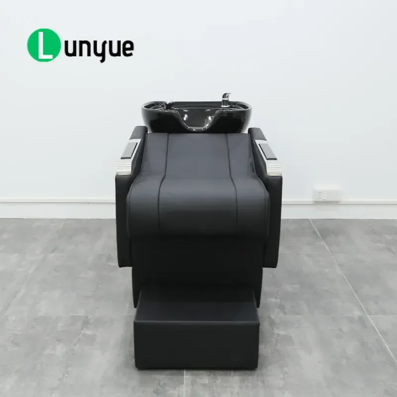 Modern Shampoo Chair with PU Leather and Ceramic Basin Black Wash Unit for Hairdressing Barber Shop Beauty Spa