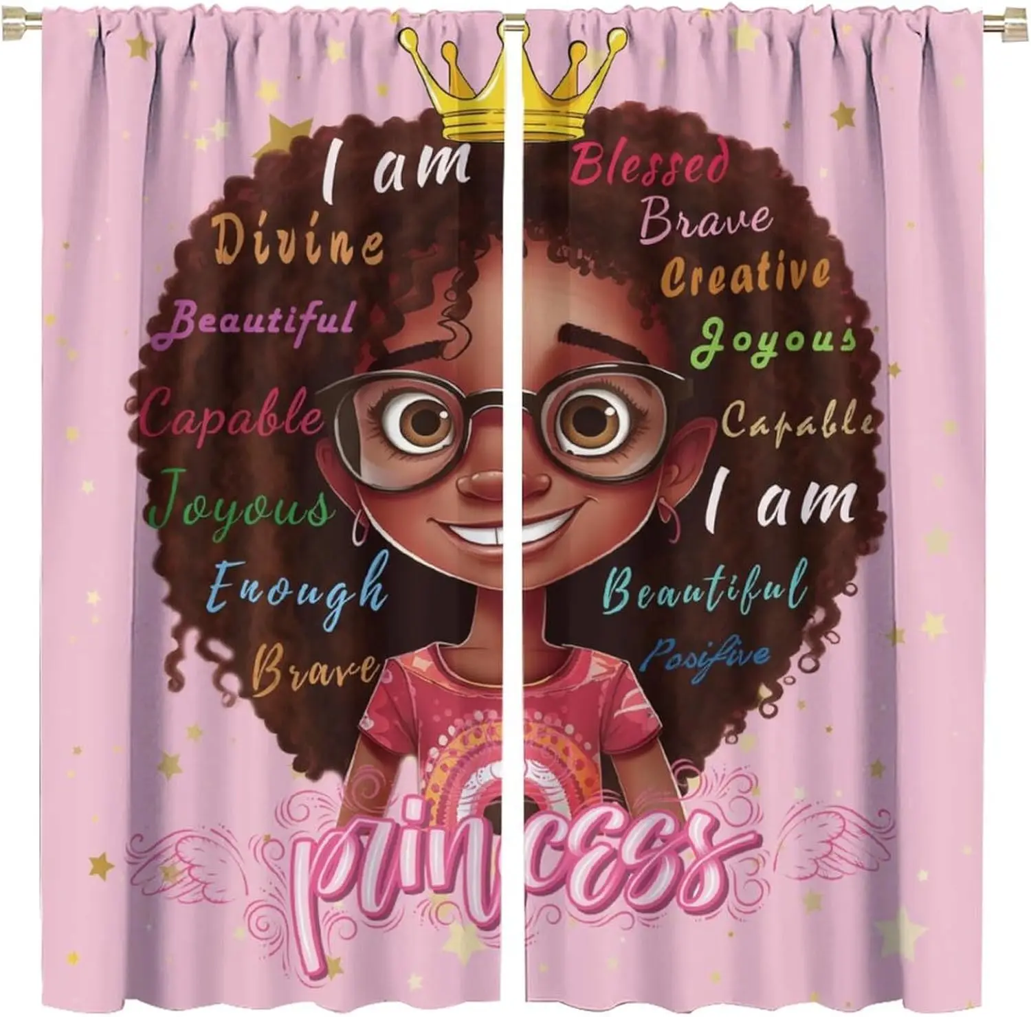 African American Nursery Curtain, Afro Black Girls Window Treatments Curtains for Kid Room, Pink Girl Style Cute Princess Decor
