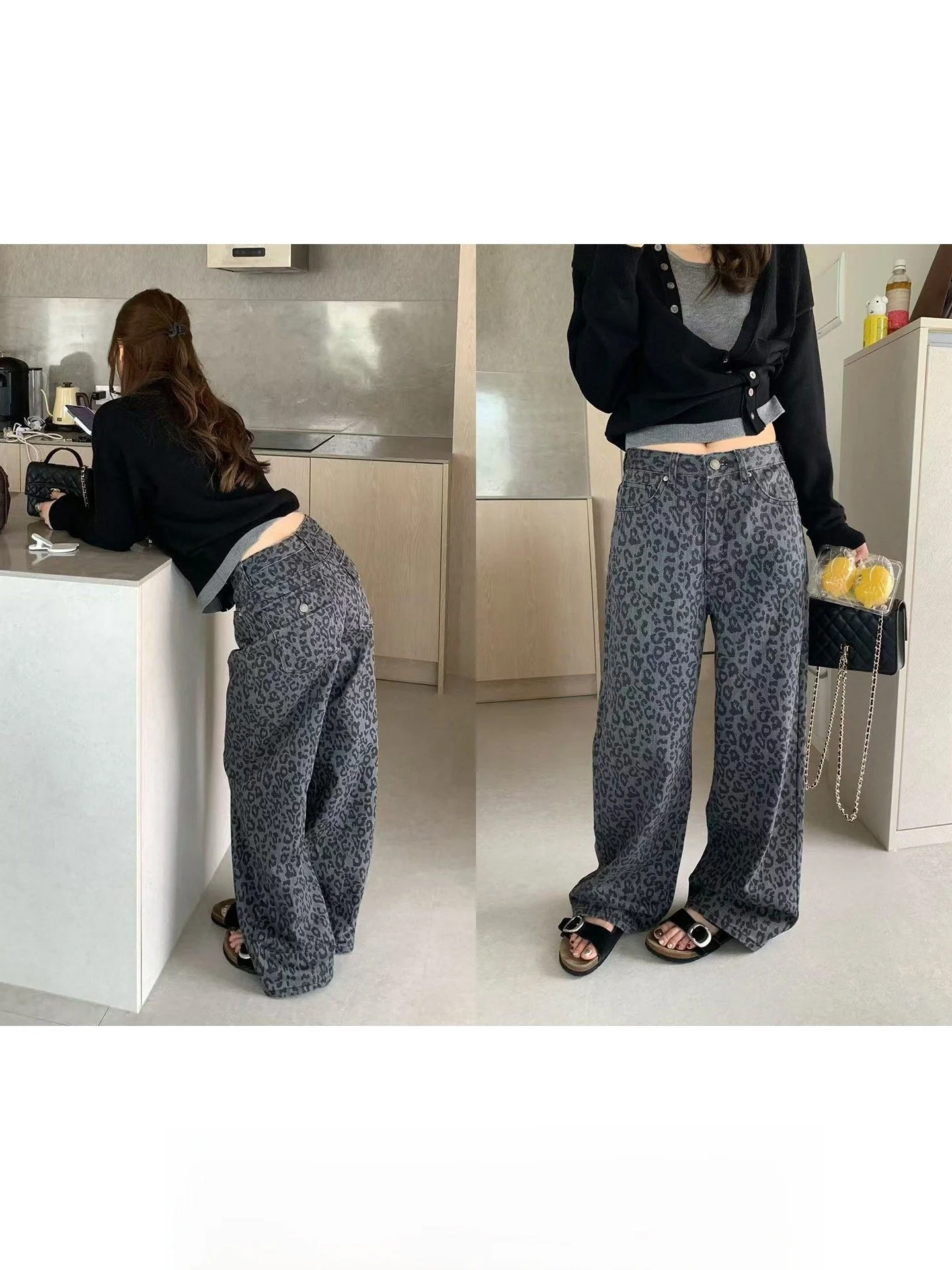 

Millennium Special 'Laisel Cotton' Women's Straight Leg Jeans Waed Denim Drapey Fabric Leopard Print Commute Ready