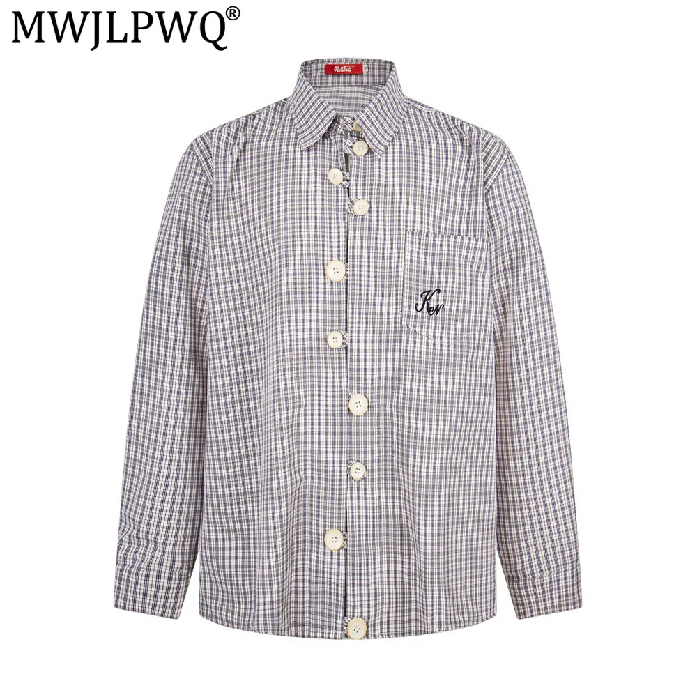 MWJLPWQ Men's Plaid Long-Sleeve Shirt Loose Fit Unique Stylish Design Button-Down Collar Irregular Hem Tops Spring Autumn 21288