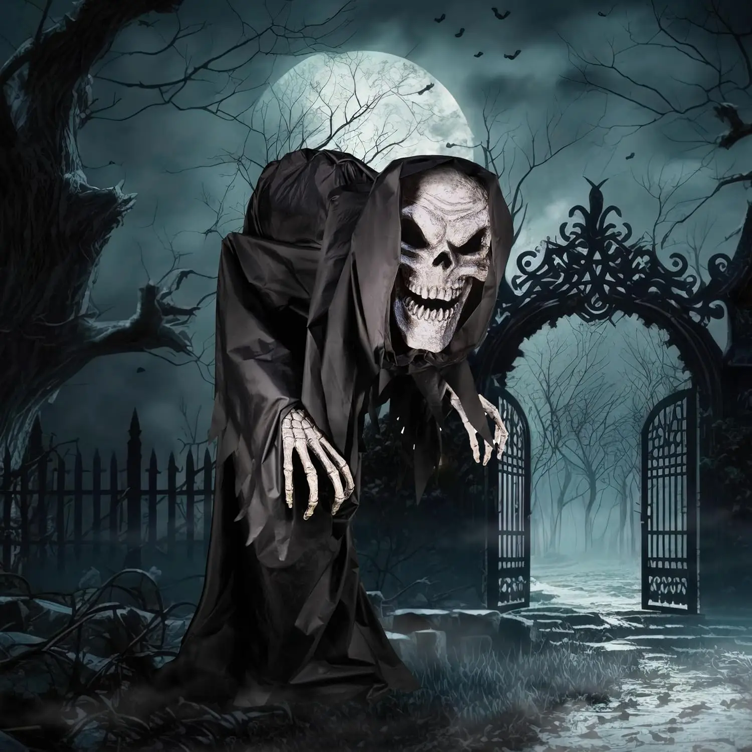 Motion-Activated Hunched Skeleton Reaper by Tekky, Talking Halloween Animatronic for Indoor or Covered Outdoor