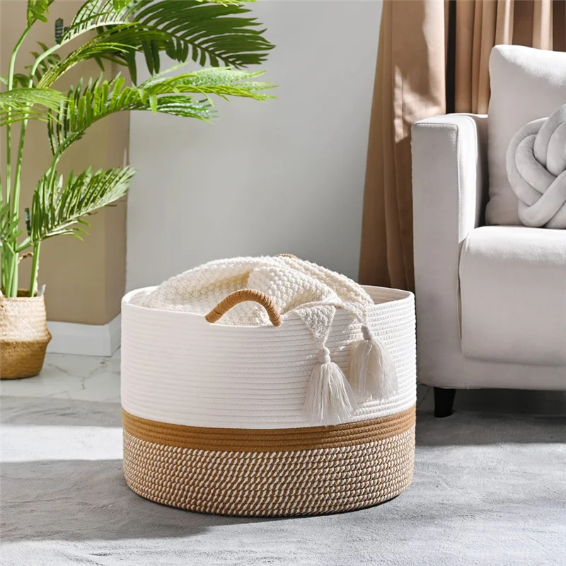 

A20F-Large Cotton Rope Blanket Basket For Storage, Laundry, Nursery Foldable Storage Basket Dirty Clothes Basket
