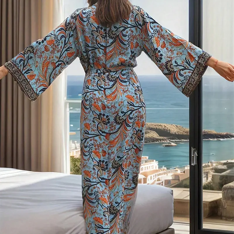 ヨーロッパとアメリカのレトロファッションプリントボヘミアンプラスサイズロングイースターワンピースカバーアップサマービーチバケーション水着アウターウェア着物カーディガンローブ日焼け防止服トレンディ