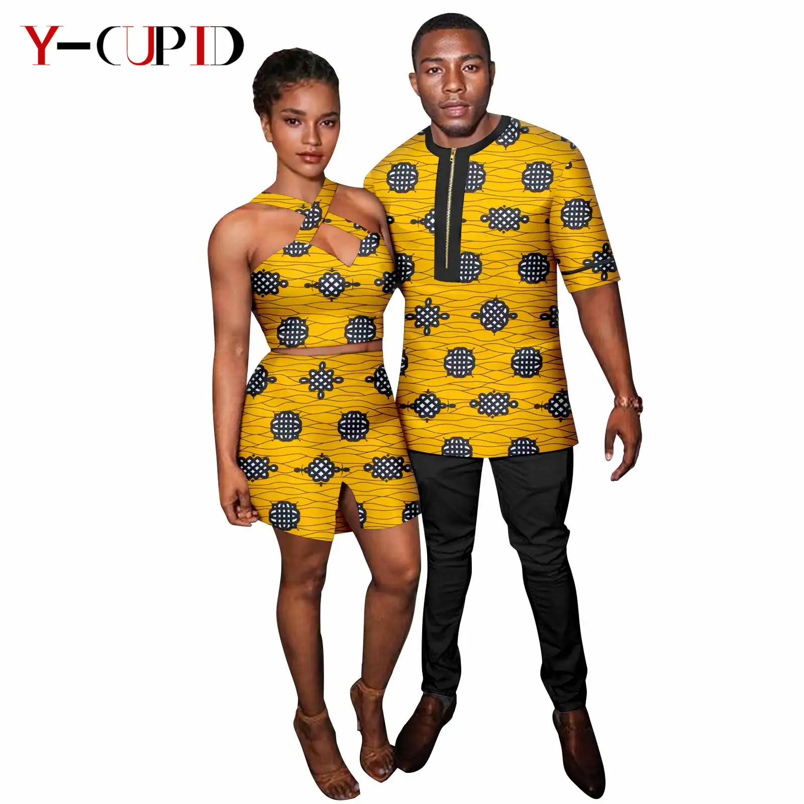 Dashiki African Print Sexy Top and Skirt Sets for Women Matching Couples Clothes Men Outfit Bazin Shirt and Pant Sets 24C073