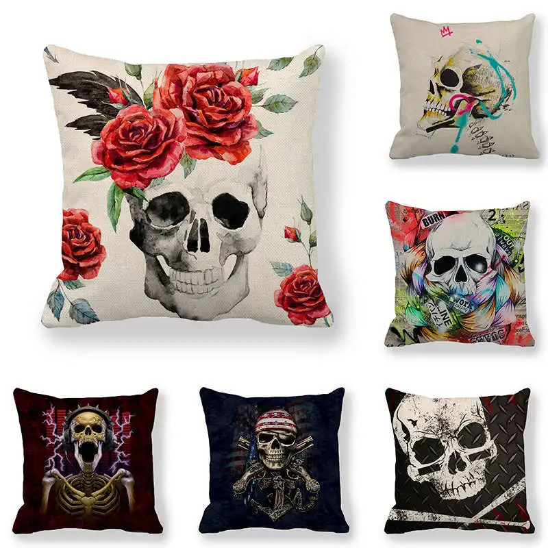 

Skeleton Pirates Pillowcase Flower Skull Cotton Linen Pillows Case for Bedroom Bed Sofa 40x40 Pillow Cover Decorative Home Decor